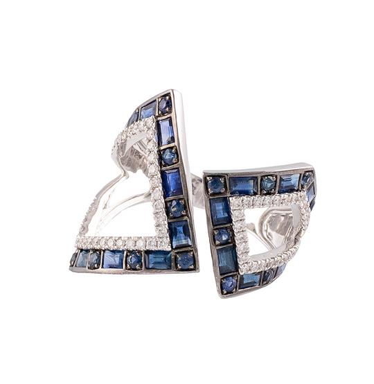 Empty-Space Sapphire & Diamond Geometric Ring