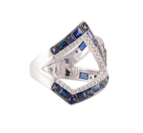 Empty-Space Sapphire & Diamond Geometric Ring