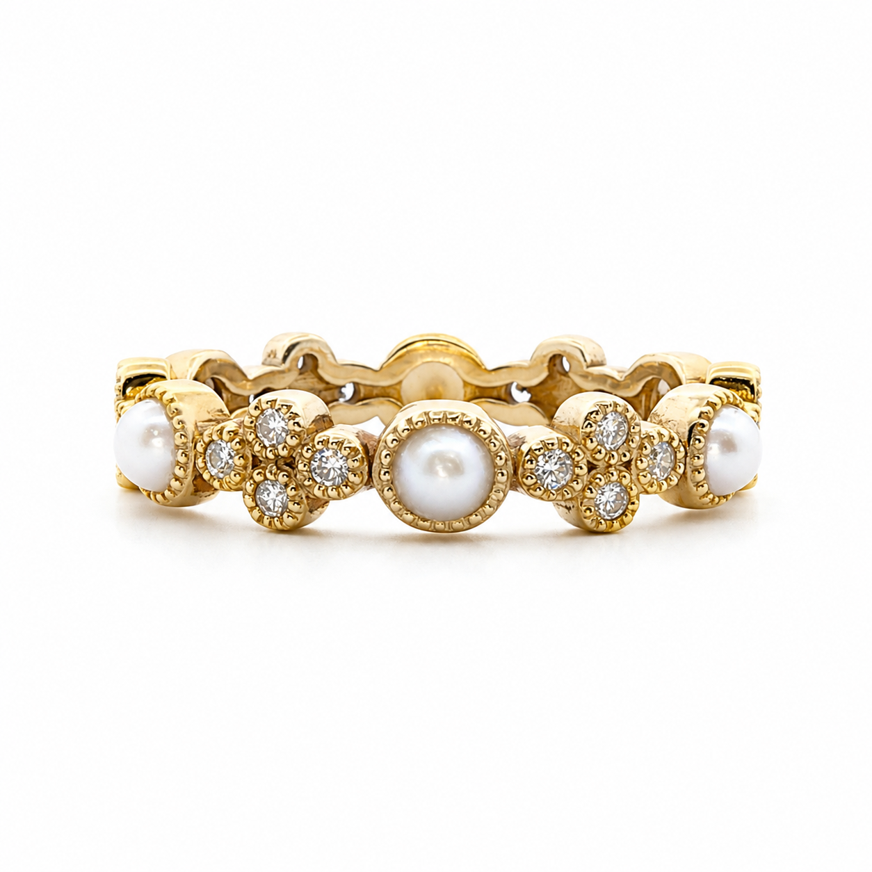 14KT Yellow Gold Pearl and Diamond Eternity Ring