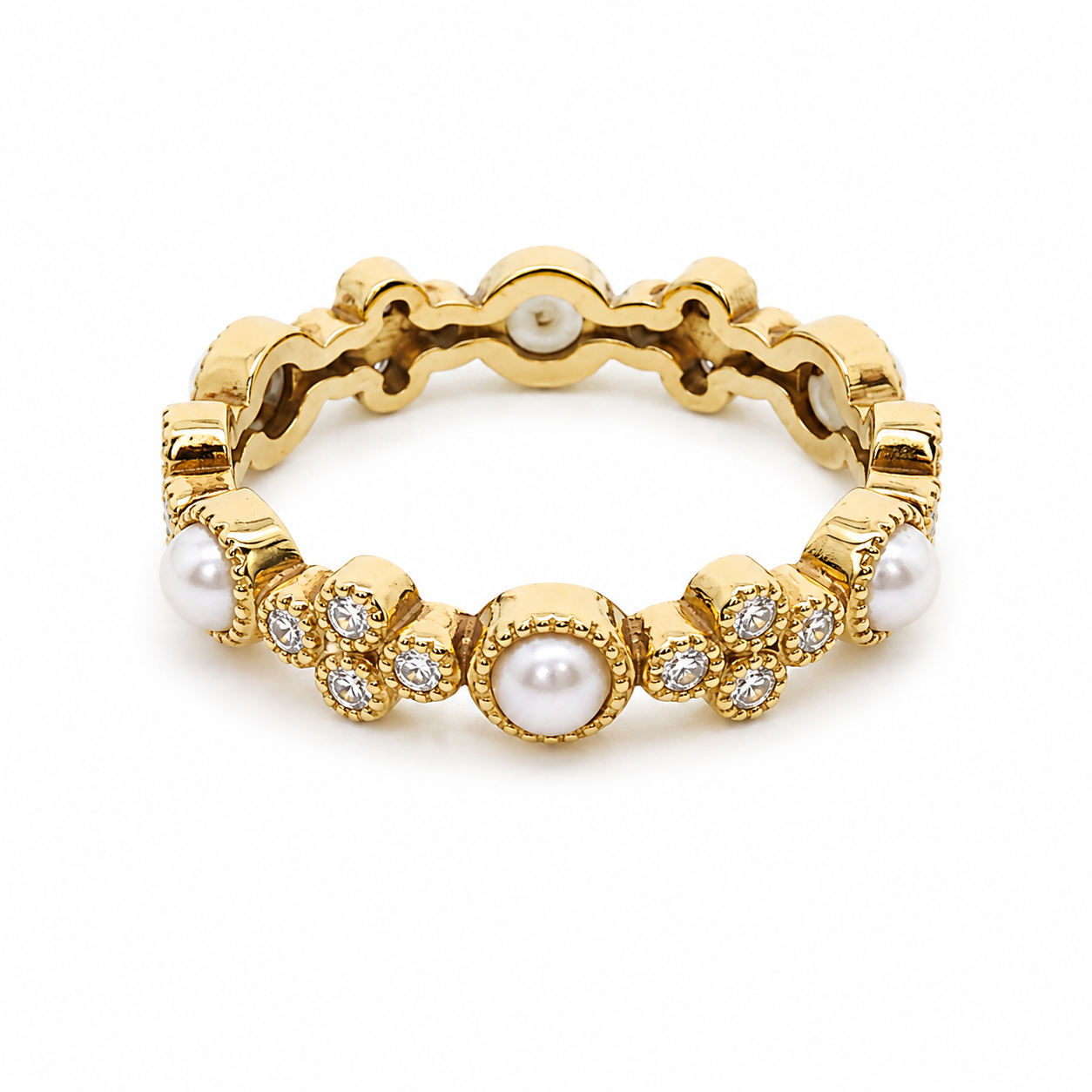 14KT Yellow Gold Pearl and Diamond Eternity Ring