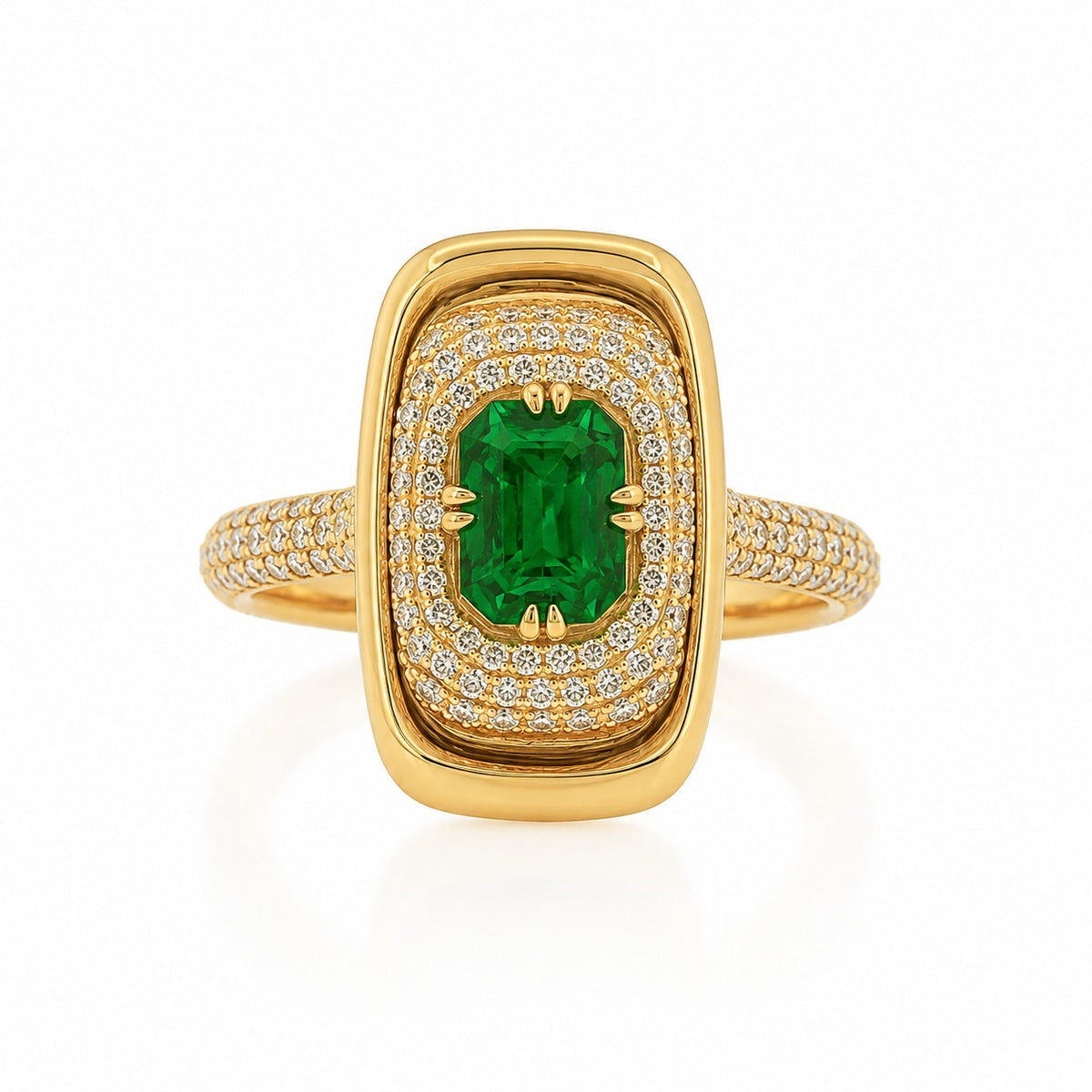 14KT Yellow Gold Emerald &amp; Pave Diamond Ring
