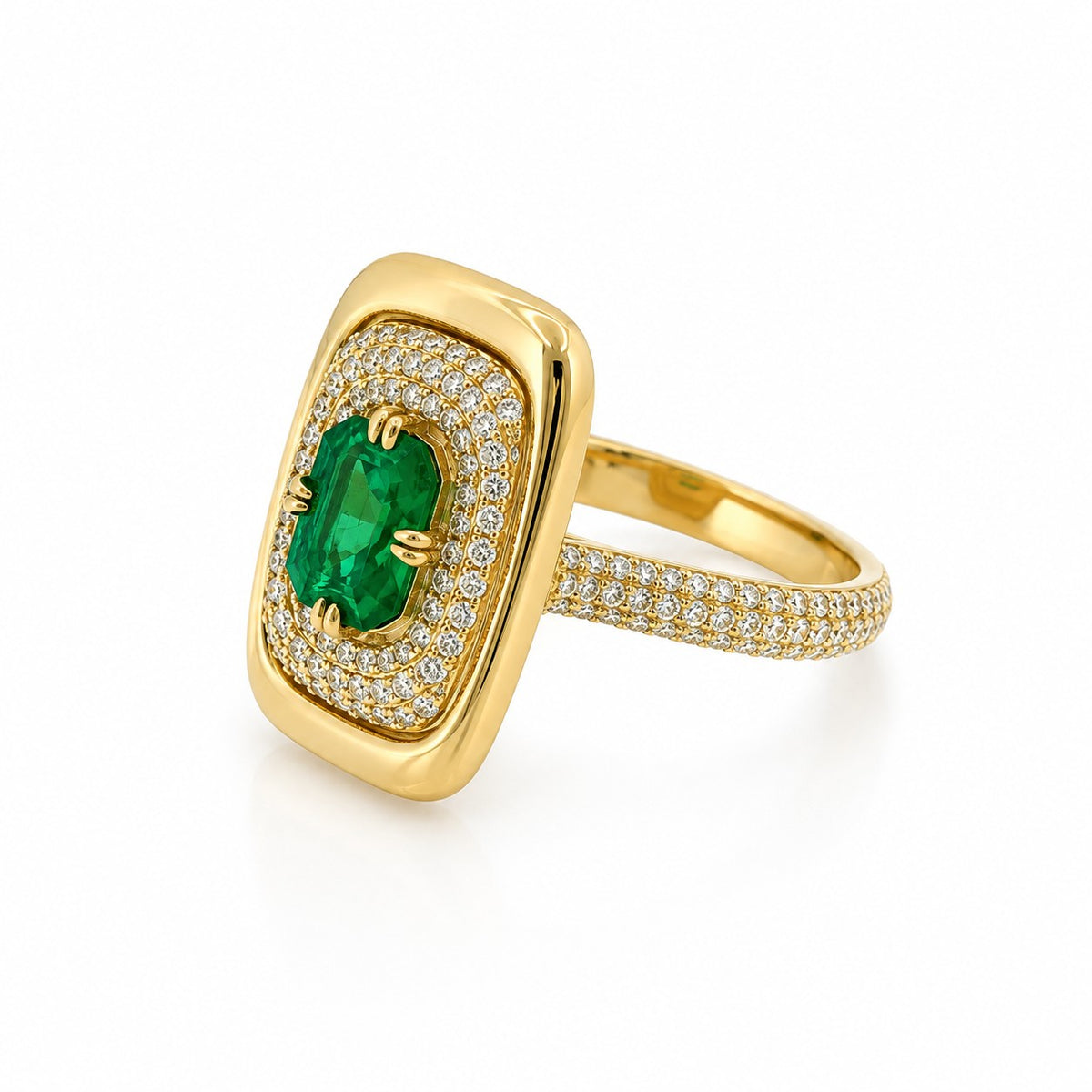 14KT Yellow Gold Emerald &amp; Pave Diamond Ring