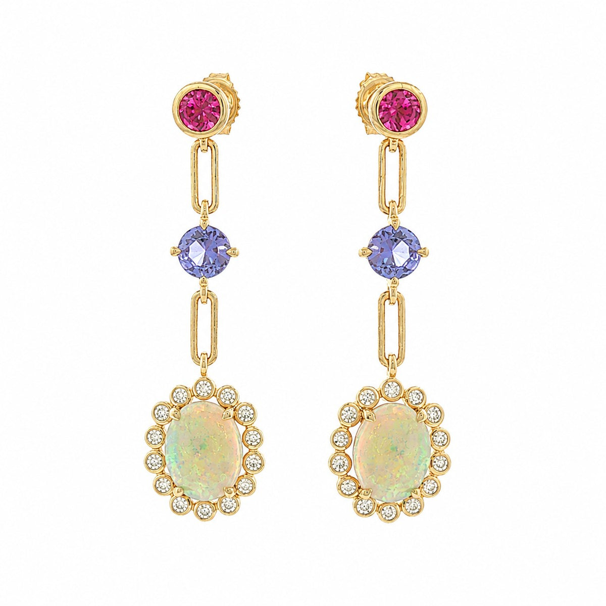 14KT Yellow Gold Diamond, Opal, Tanzanite and Pink Tourmaline Drop Earrings