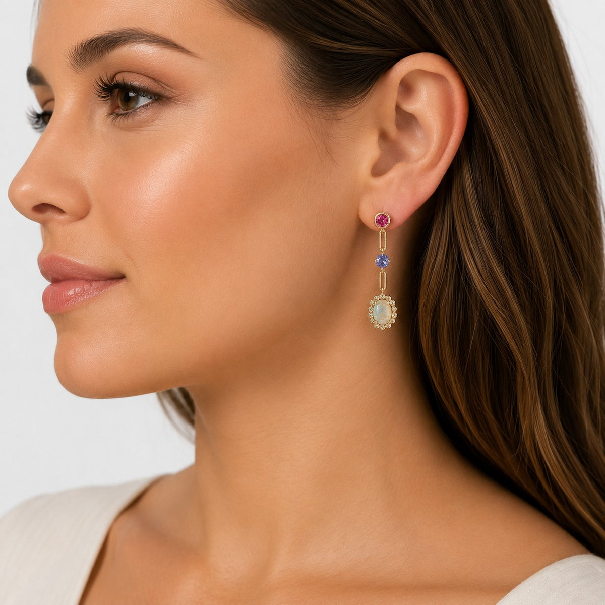 14KT Yellow Gold Diamond, Opal, Tanzanite and Pink Tourmaline Drop Earrings