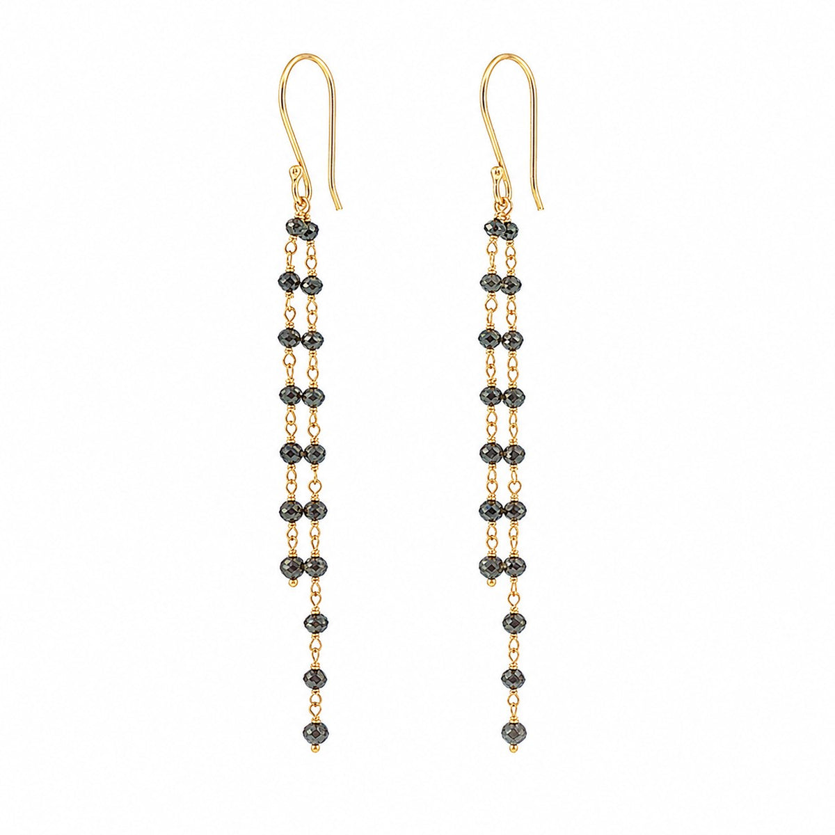 18KT Yellow Gold Black Diamond Bead Dangle Earrings