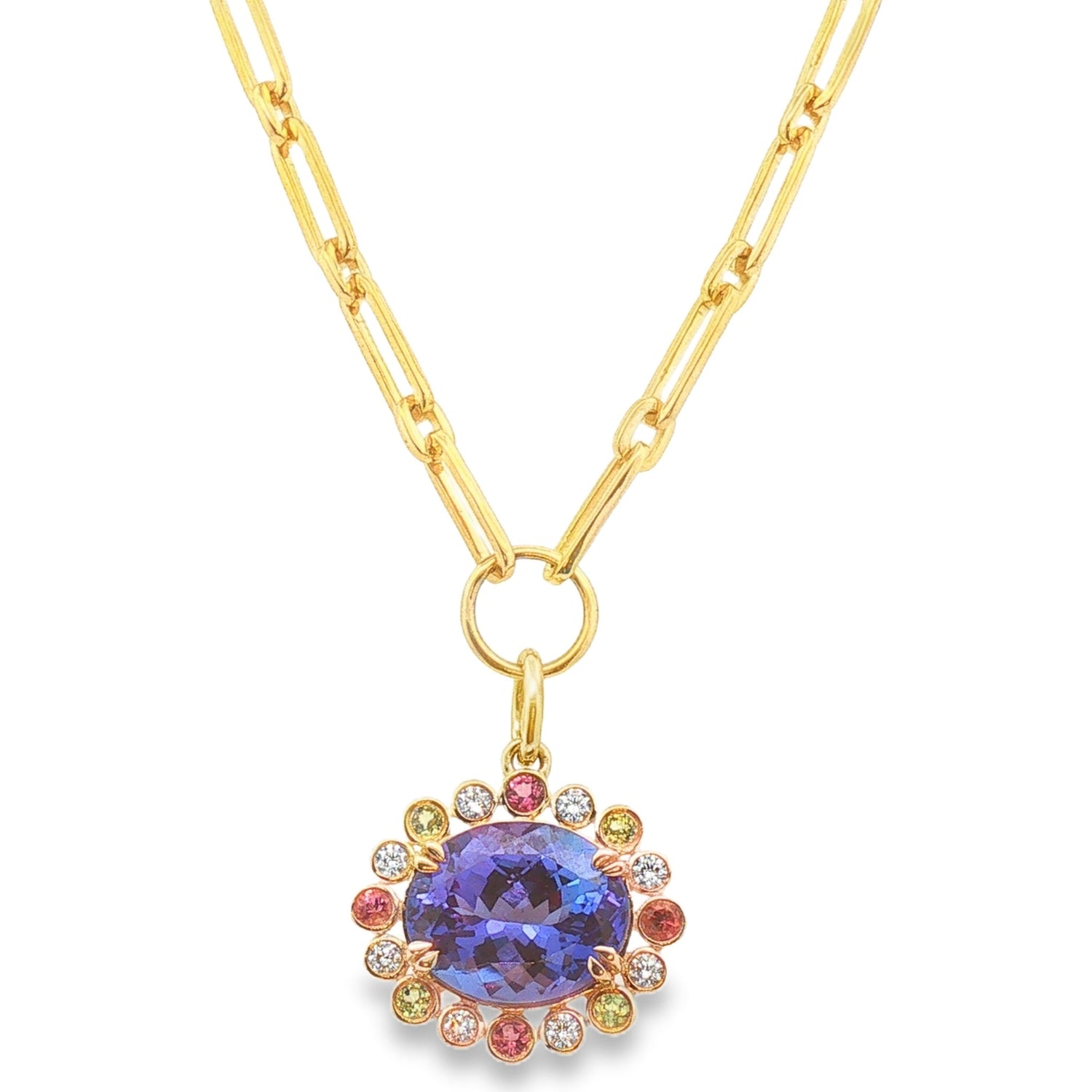 14KT Yellow Gold Tanzanite/Tourmaline/Peridot/Diamond Necklace
