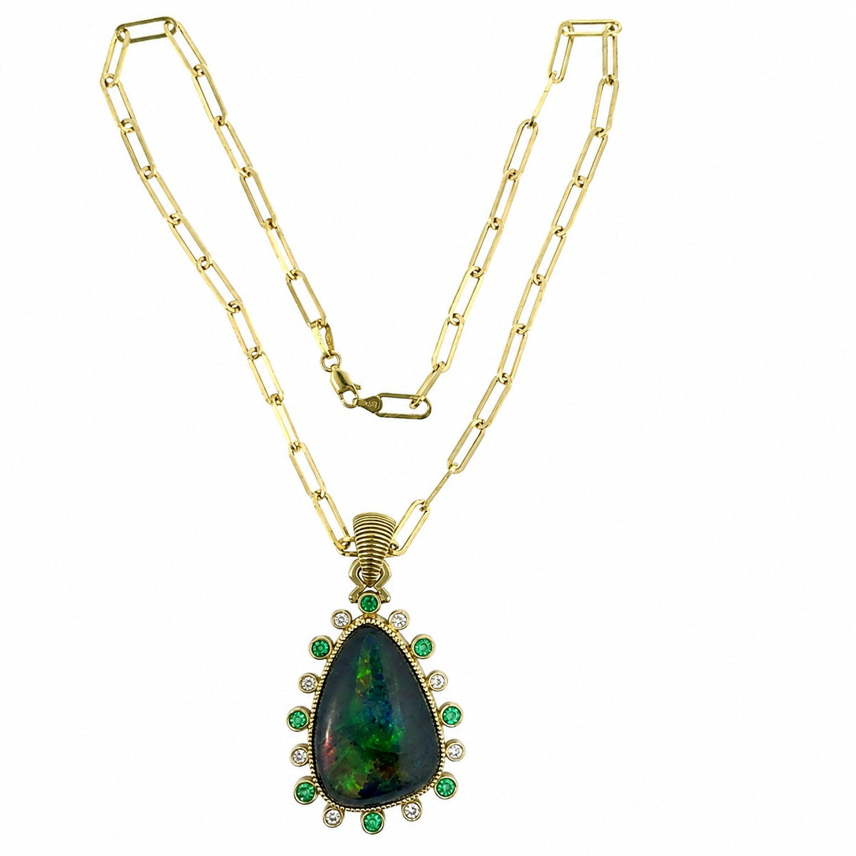 Black Fire Opal, Emerald &amp; Diamond Pendant in 14KT Green Gold Paperclip Chain