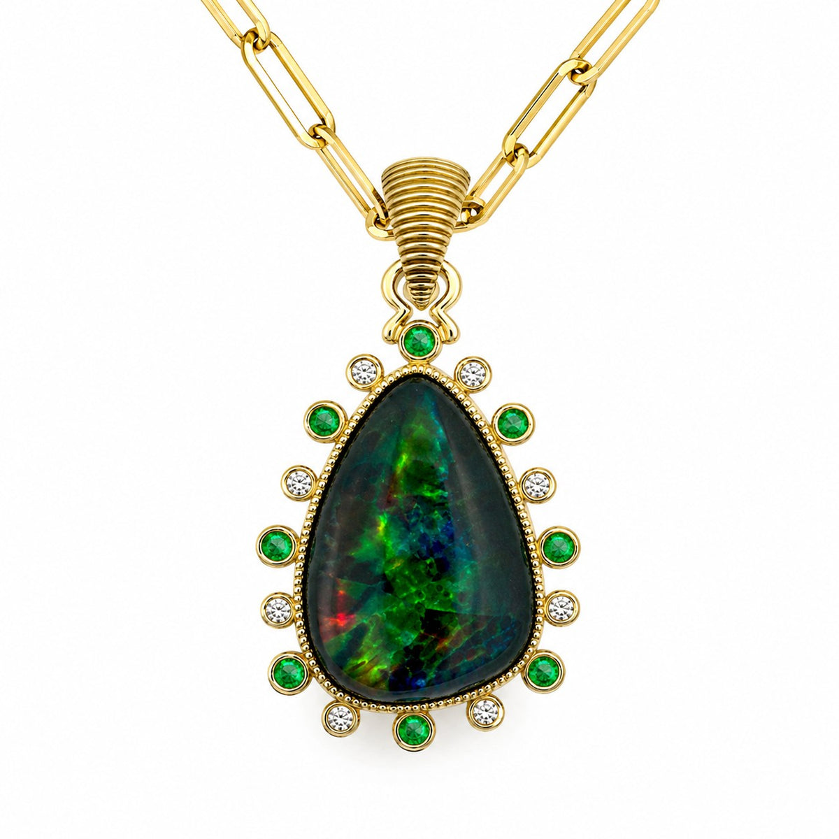 Black Fire Opal, Emerald &amp; Diamond Pendant in 14KT Green Gold Paperclip Chain
